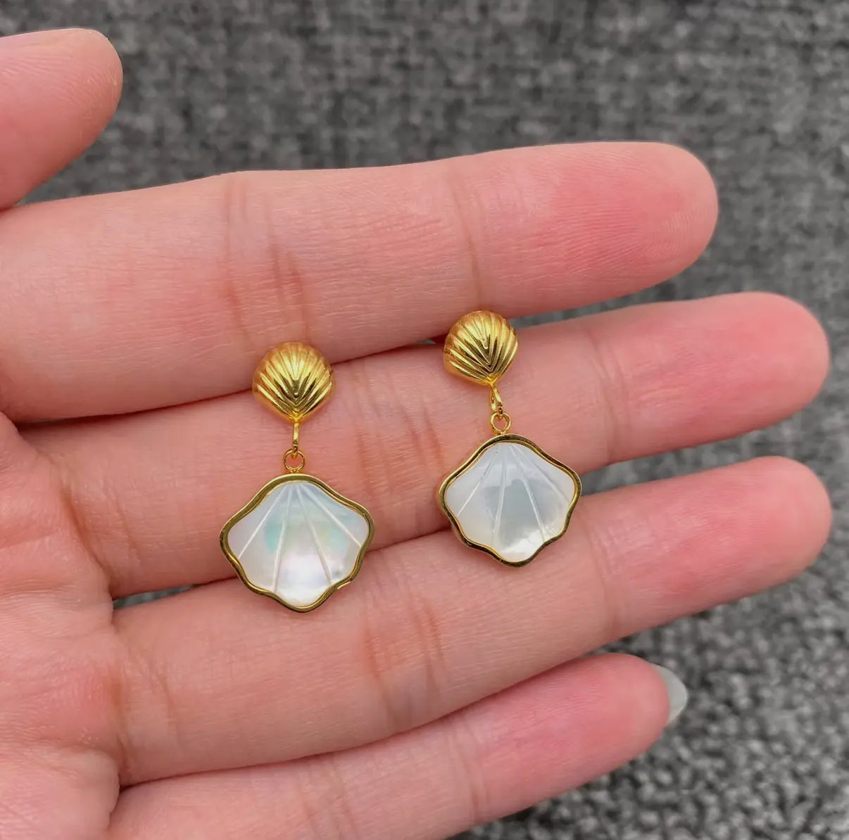 Gold Inlay Pectinid Shell Charm Drop Studs