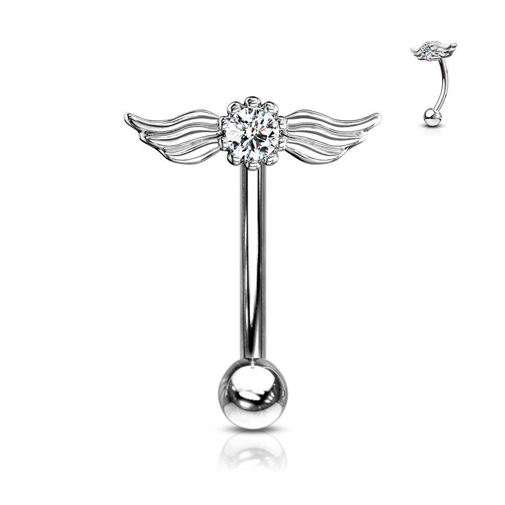 Round Crystal with Angel Wings Top Curved Barbell