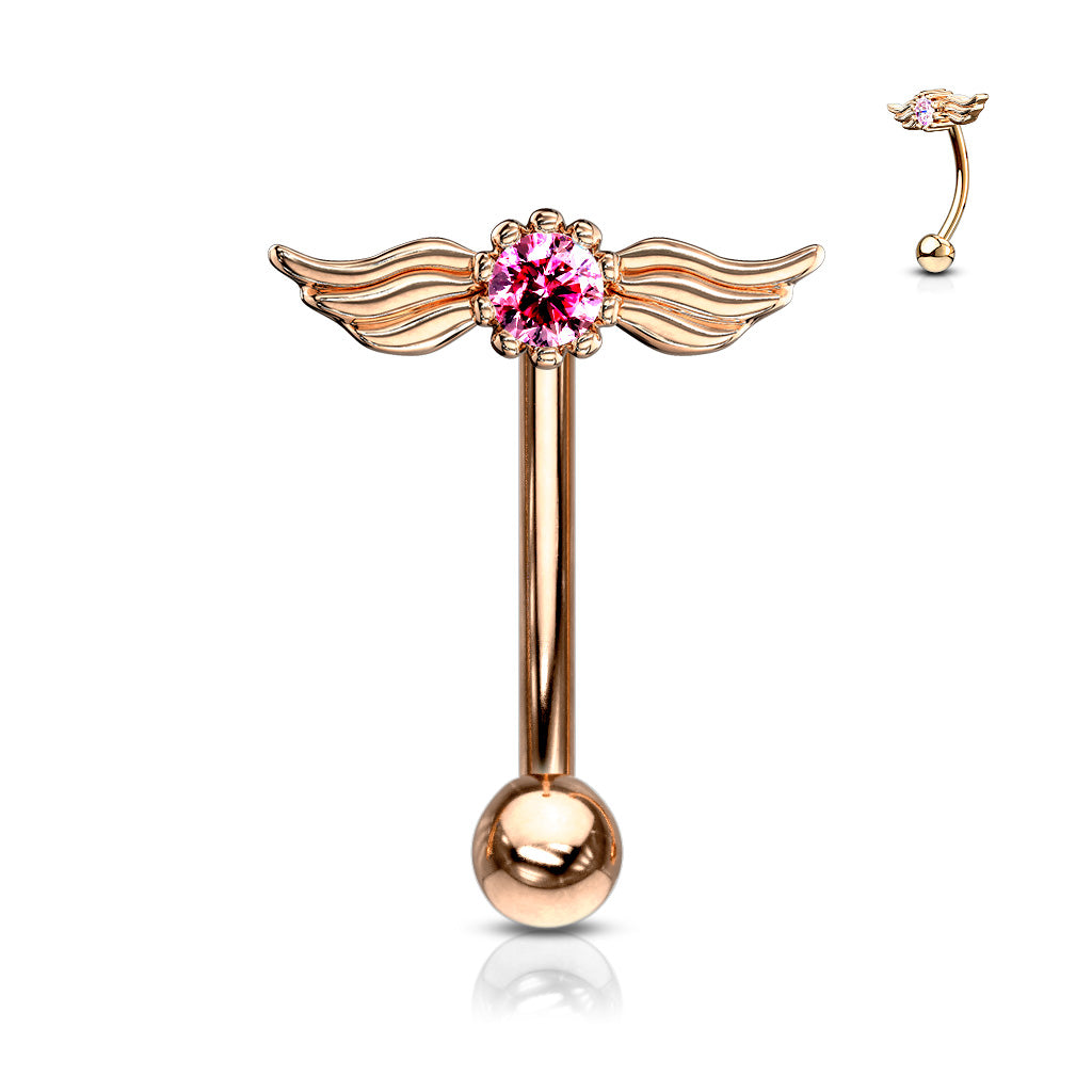 Round Crystal with Angel Wings Top Curved Barbell