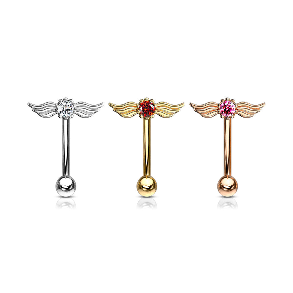 Round Crystal with Angel Wings Top Curved Barbell