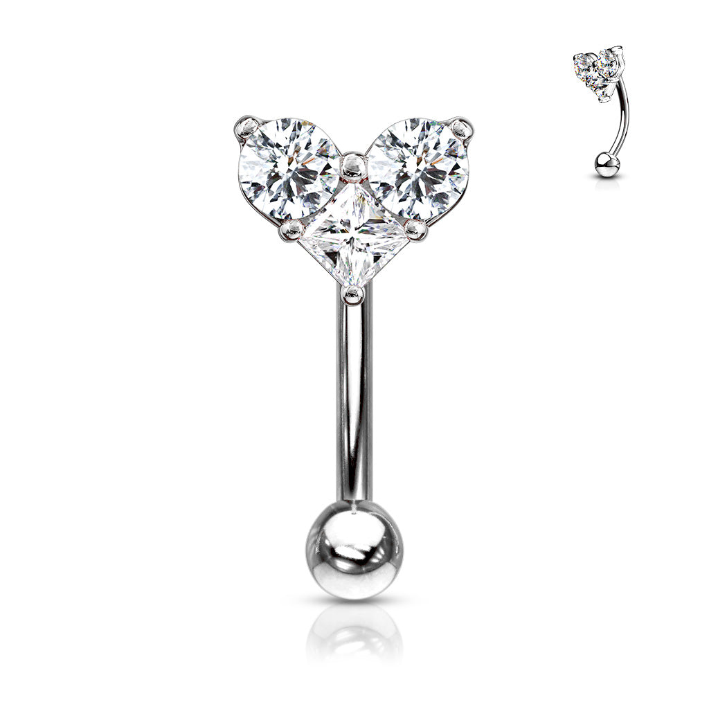 Three Prong Set Round and Square CZ Heart Top Curved Barbell