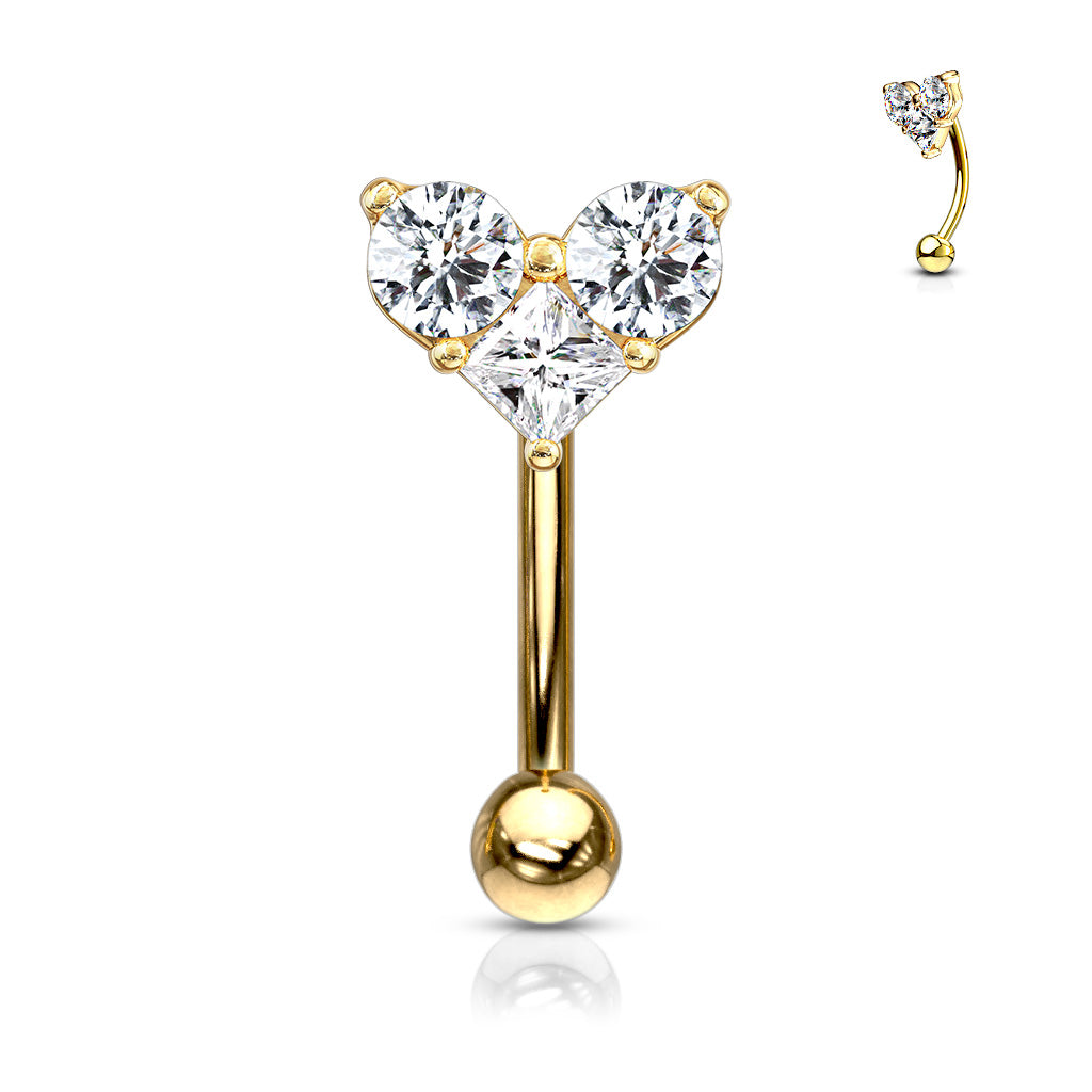 Three Prong Set Round and Square CZ Heart Top Curved Barbell