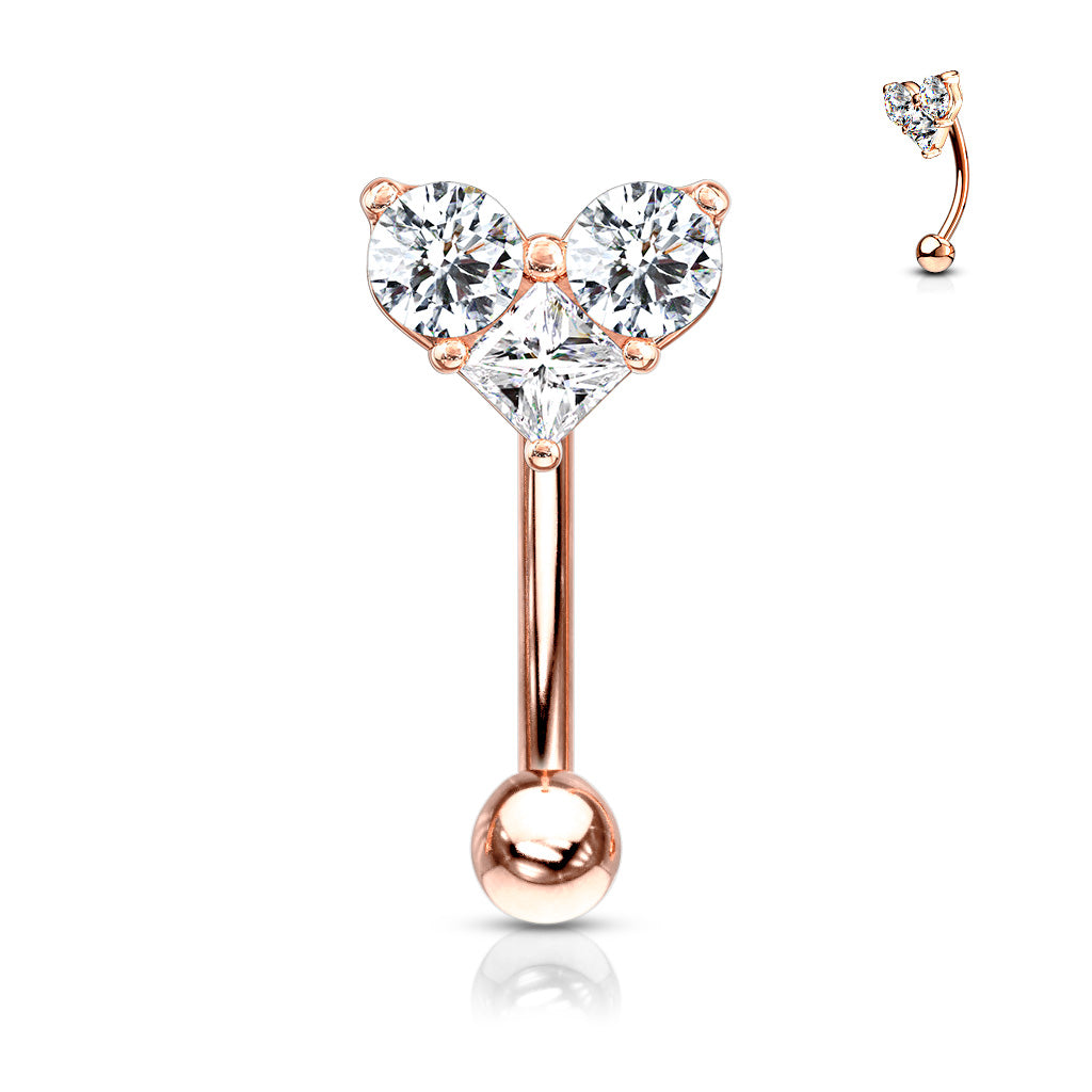 Three Prong Set Round and Square CZ Heart Top Curved Barbell