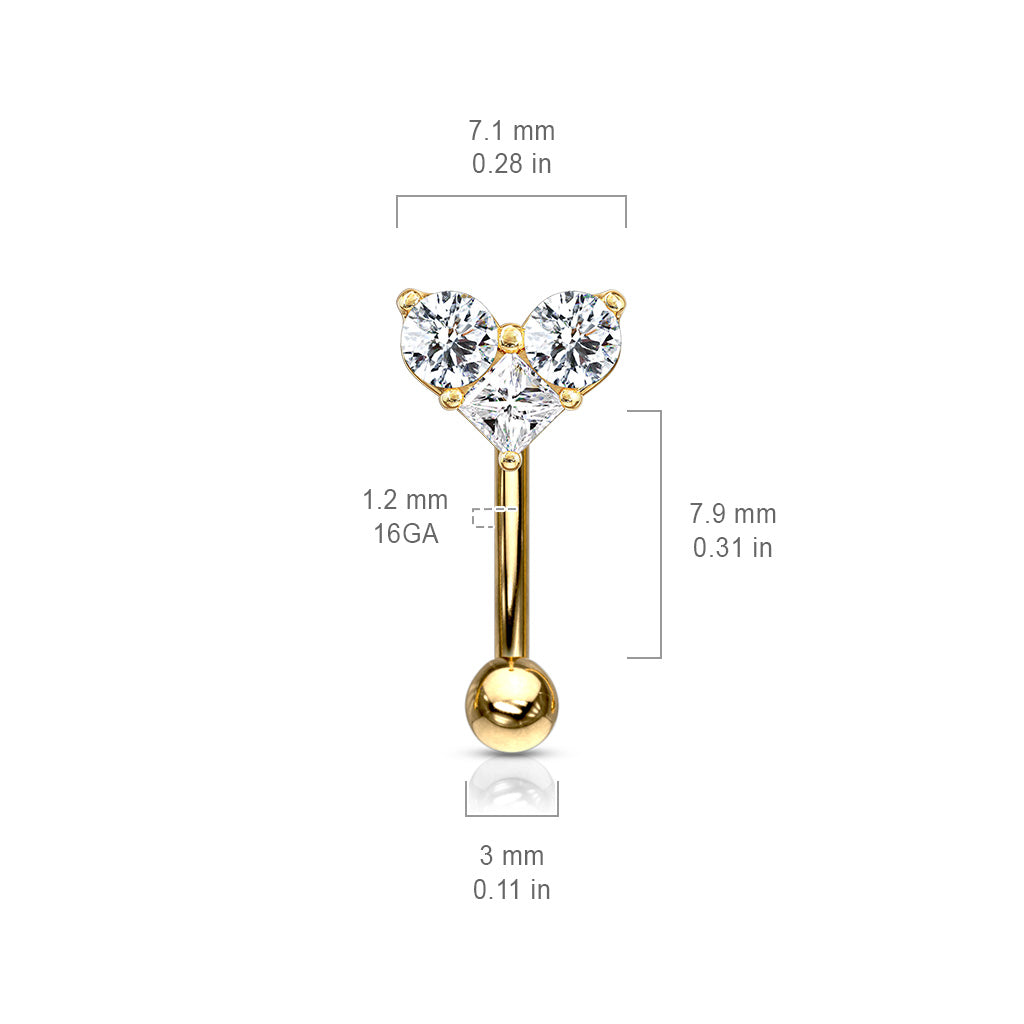 Three Prong Set Round and Square CZ Heart Top Curved Barbell