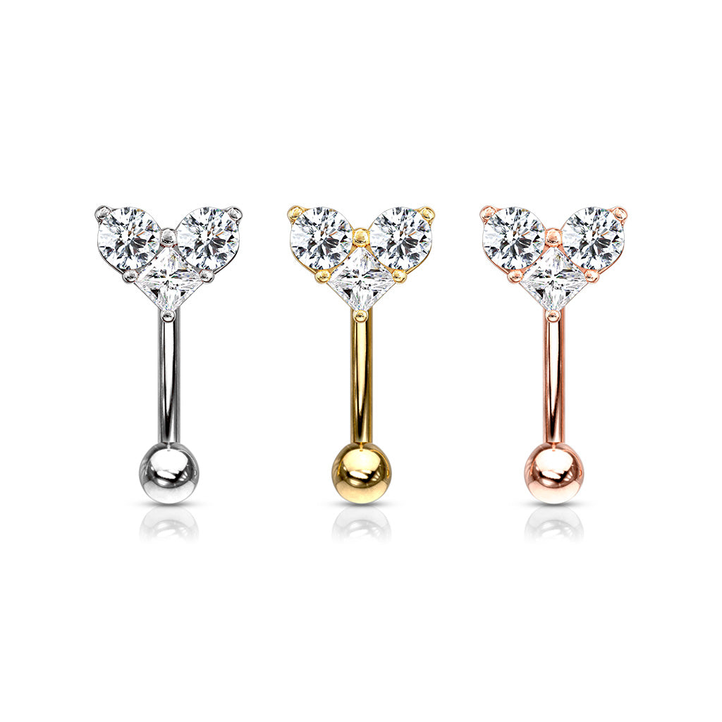 Three Prong Set Round and Square CZ Heart Top Curved Barbell