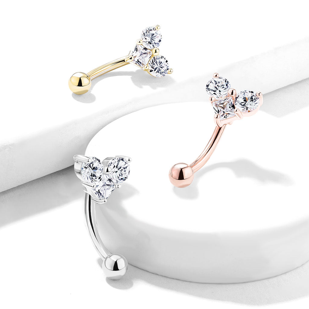 Three Prong Set Round and Square CZ Heart Top Curved Barbell