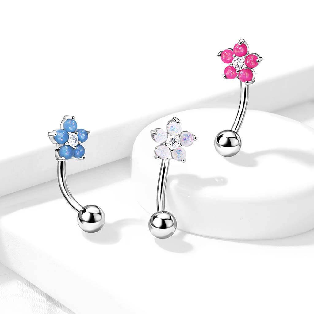 CZ Center Opal Glitter Flower Curved Barbell