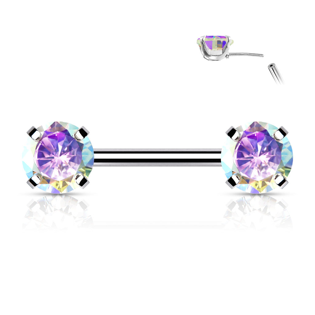 Threadless Nipple Barbells with Prong Set Round CZ Ends