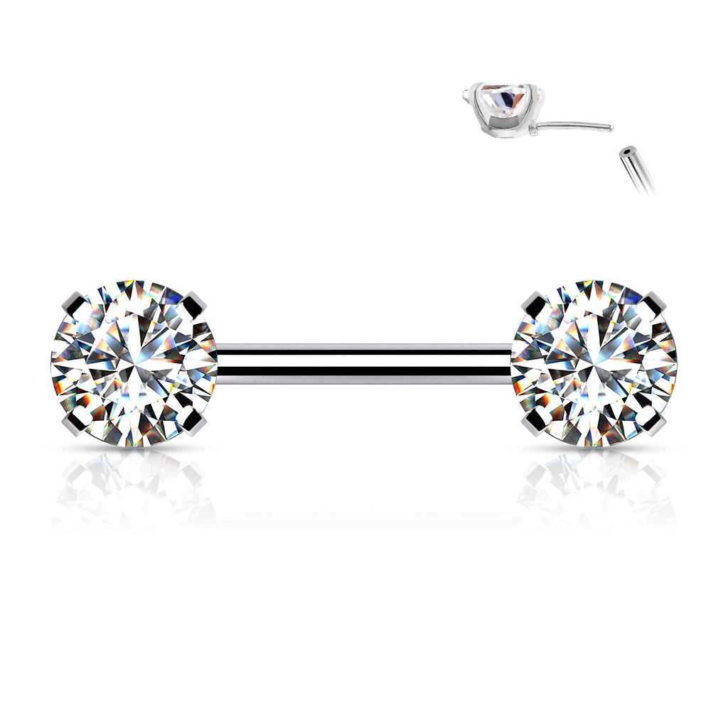 Threadless Nipple Barbells with Prong Set Round CZ Ends