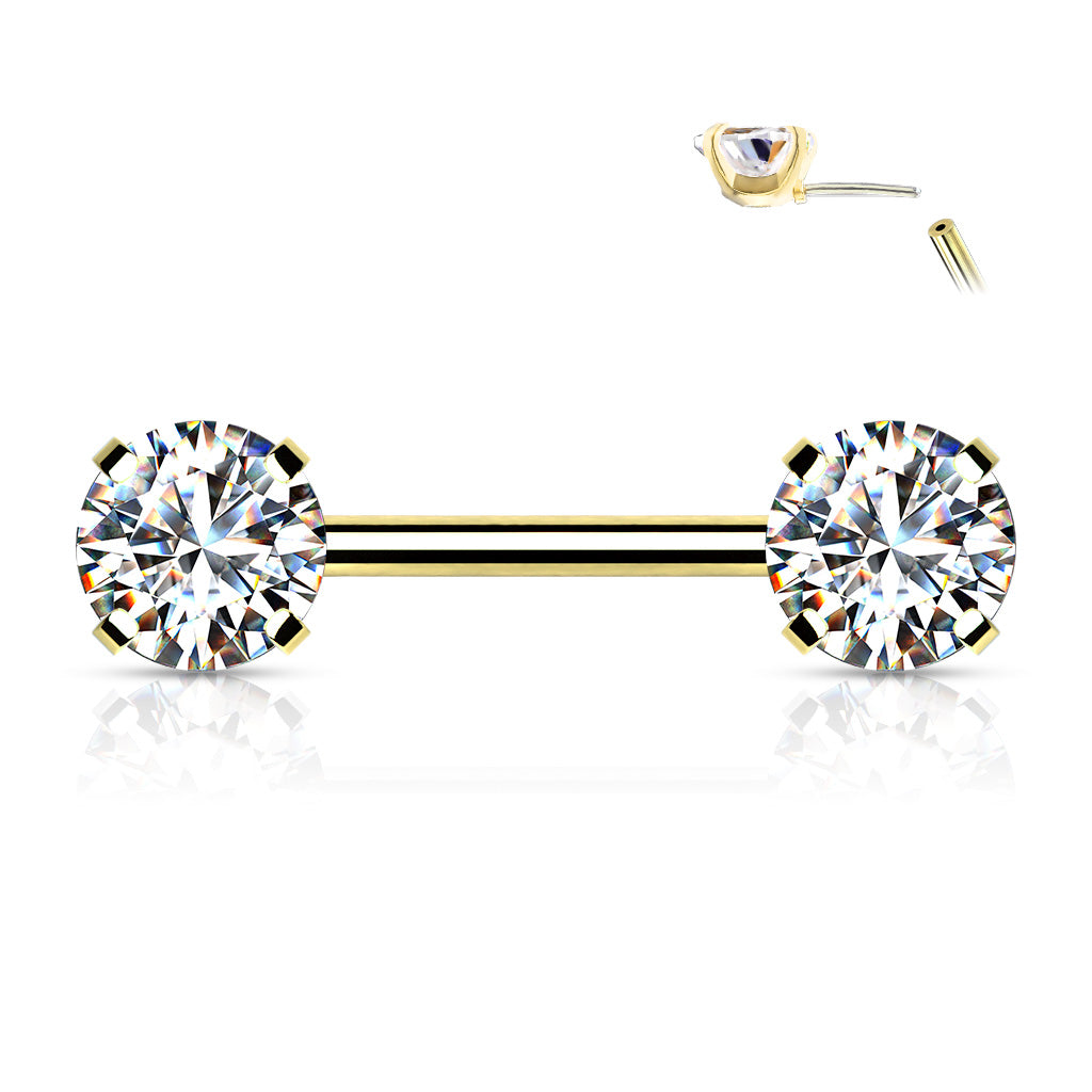 Threadless Nipple Barbells with Prong Set Round CZ Ends