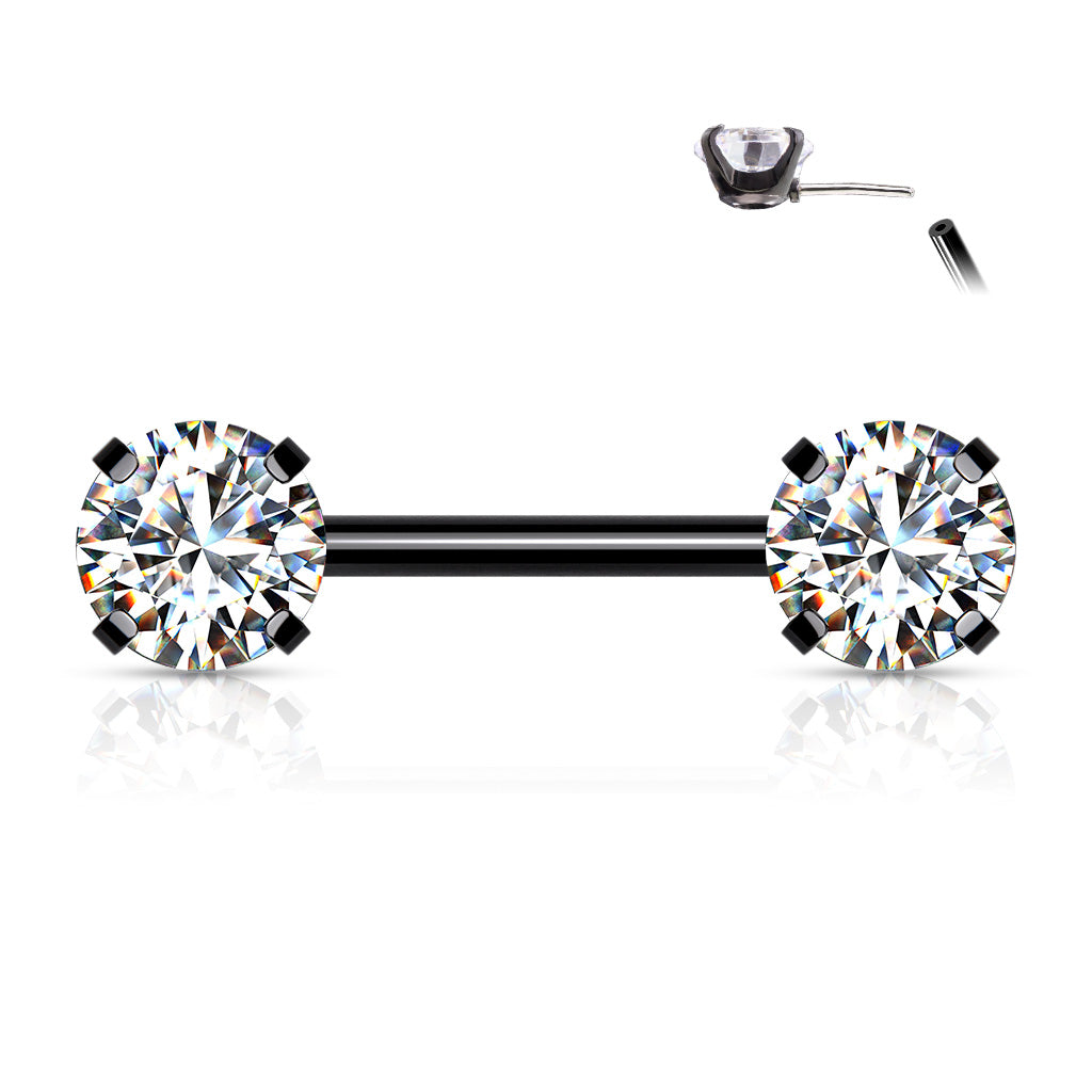 Threadless Nipple Barbells with Prong Set Round CZ Ends