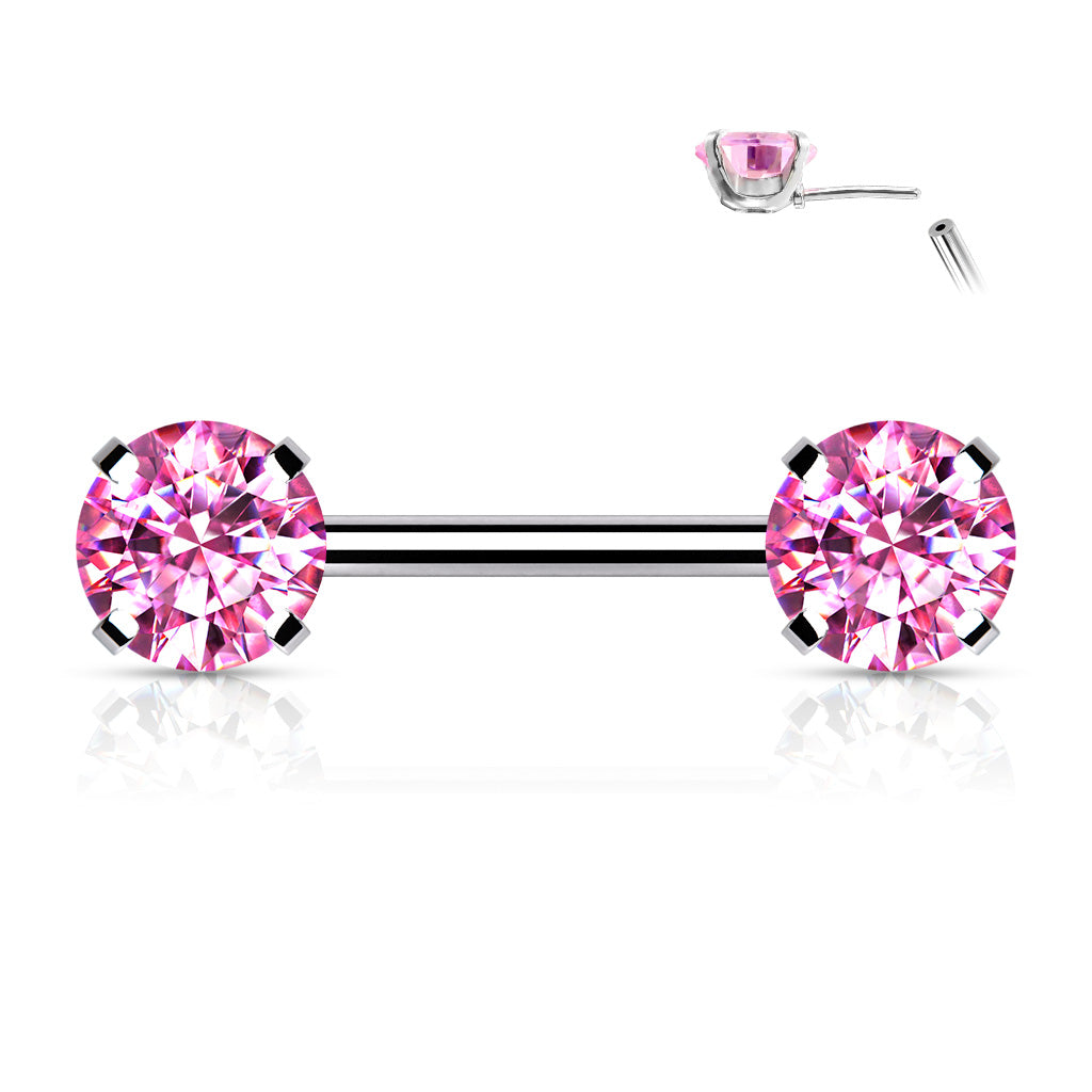 Threadless Nipple Barbells with Prong Set Round CZ Ends