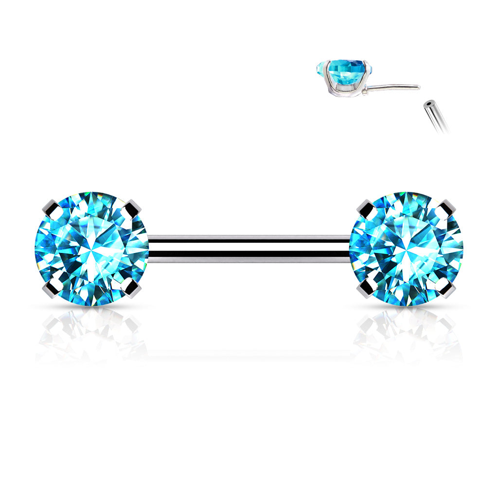 Threadless Nipple Barbells with Prong Set Round CZ Ends