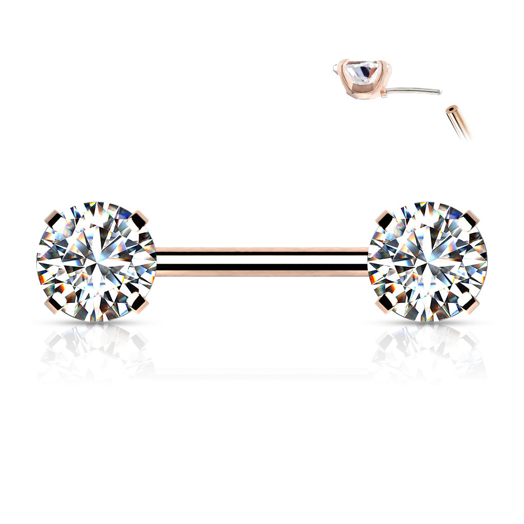 Threadless Nipple Barbells with Prong Set Round CZ Ends