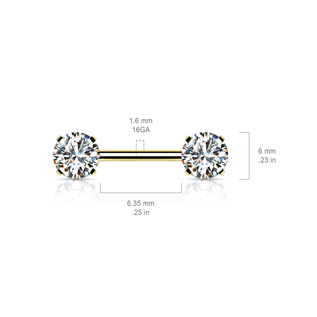 Threadless Nipple Barbells with Prong Set Round CZ Ends