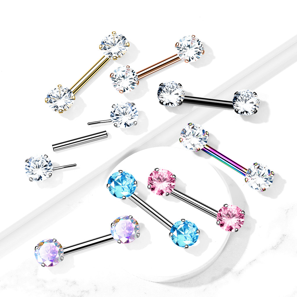 Threadless Nipple Barbells with Prong Set Round CZ Ends