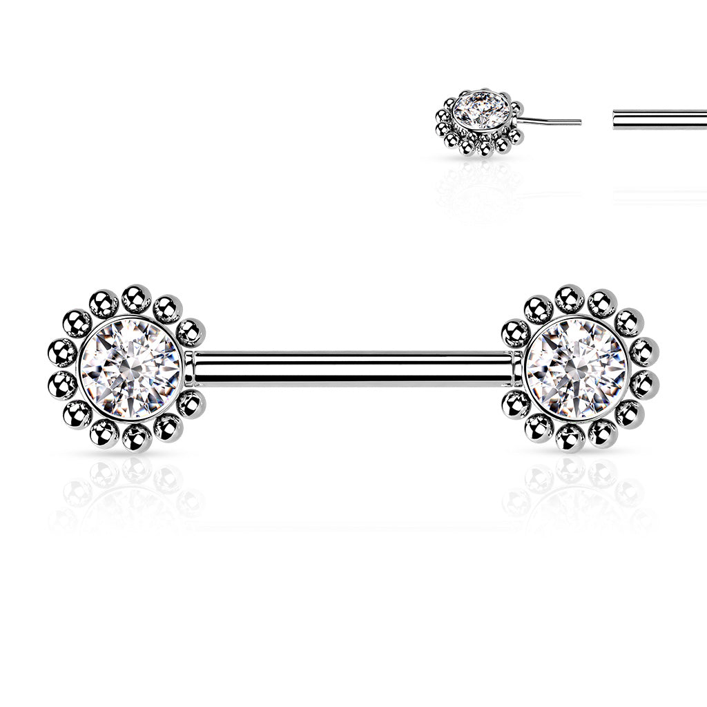 Threadless Beaded Ball Edge and CZ Center On Each Side Nipple Barbell