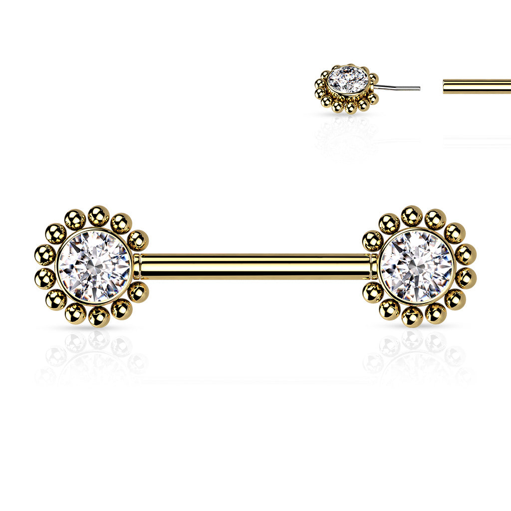 Threadless Beaded Ball Edge and CZ Center On Each Side Nipple Barbell