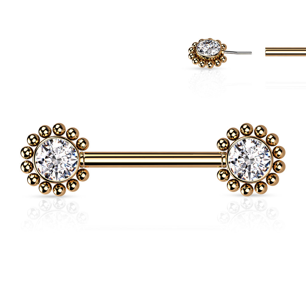 Threadless Beaded Ball Edge and CZ Center On Each Side Nipple Barbell