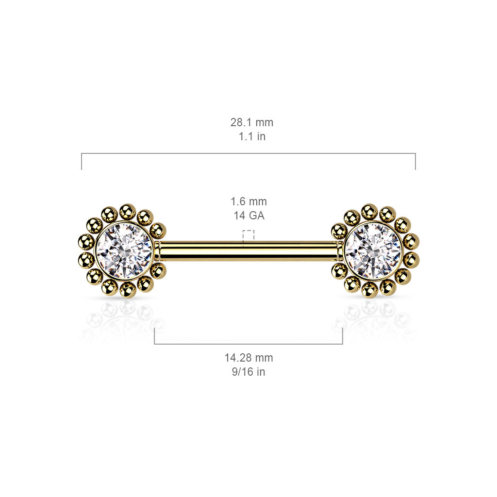 Threadless Beaded Ball Edge and CZ Center On Each Side Nipple Barbell