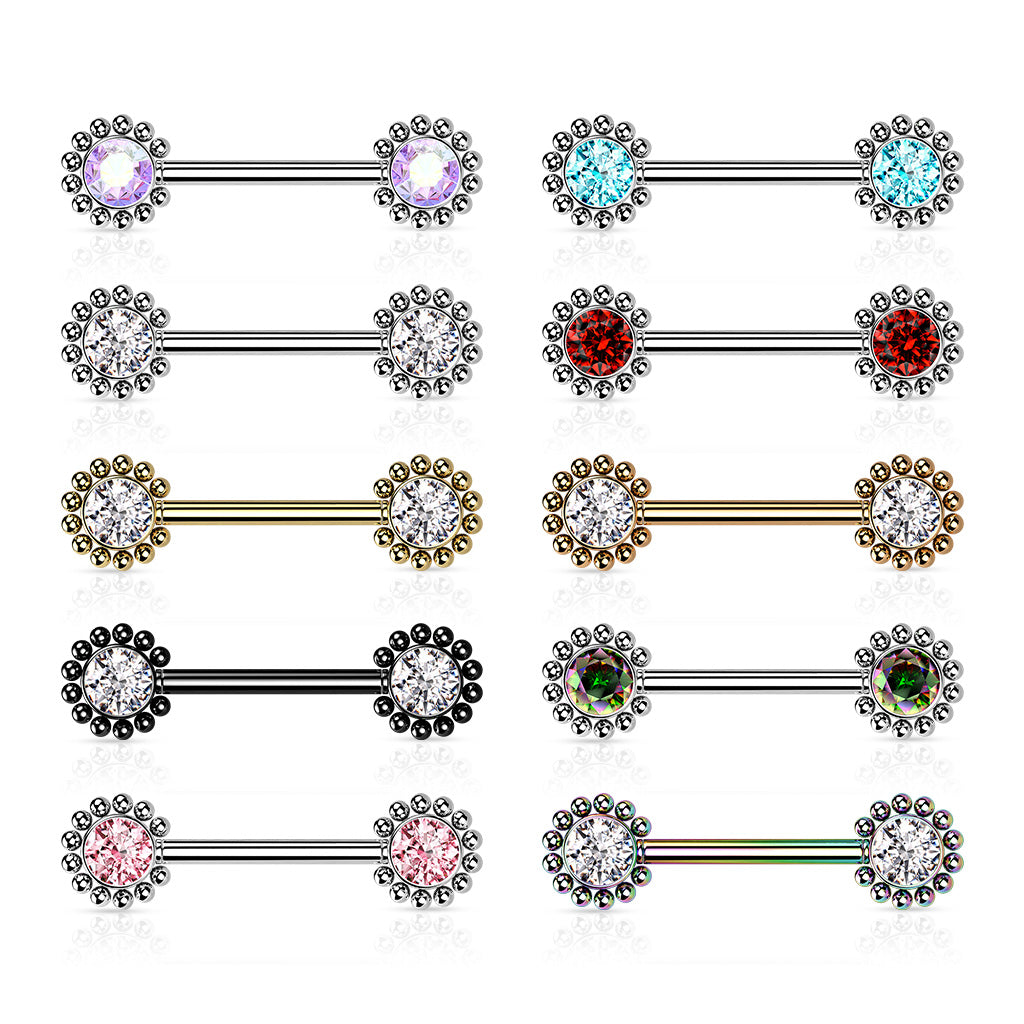 Threadless Beaded Ball Edge and CZ Center On Each Side Nipple Barbell