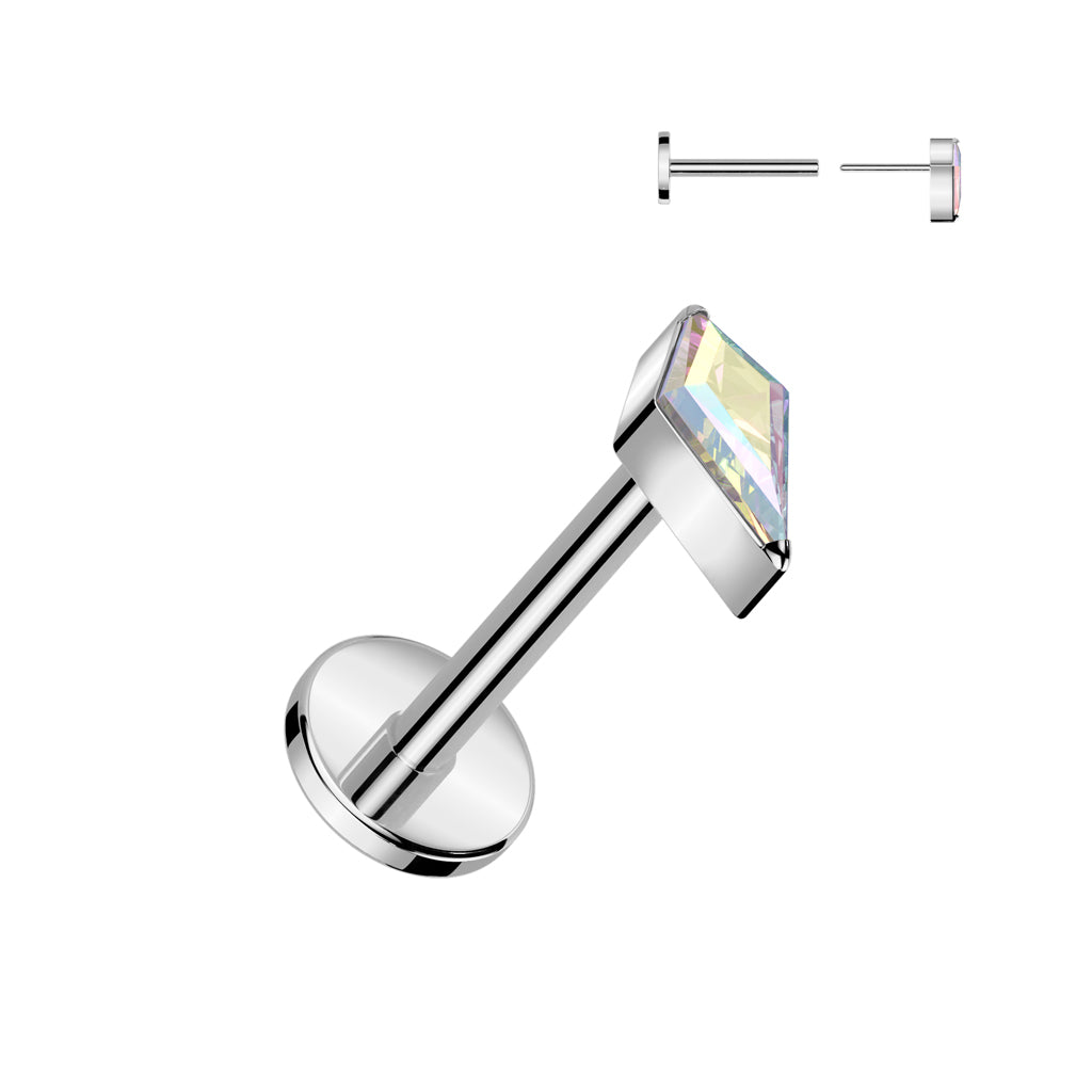 Threadless 18g Labret With Diamond Shaped (CZ or Opal) Spear Top