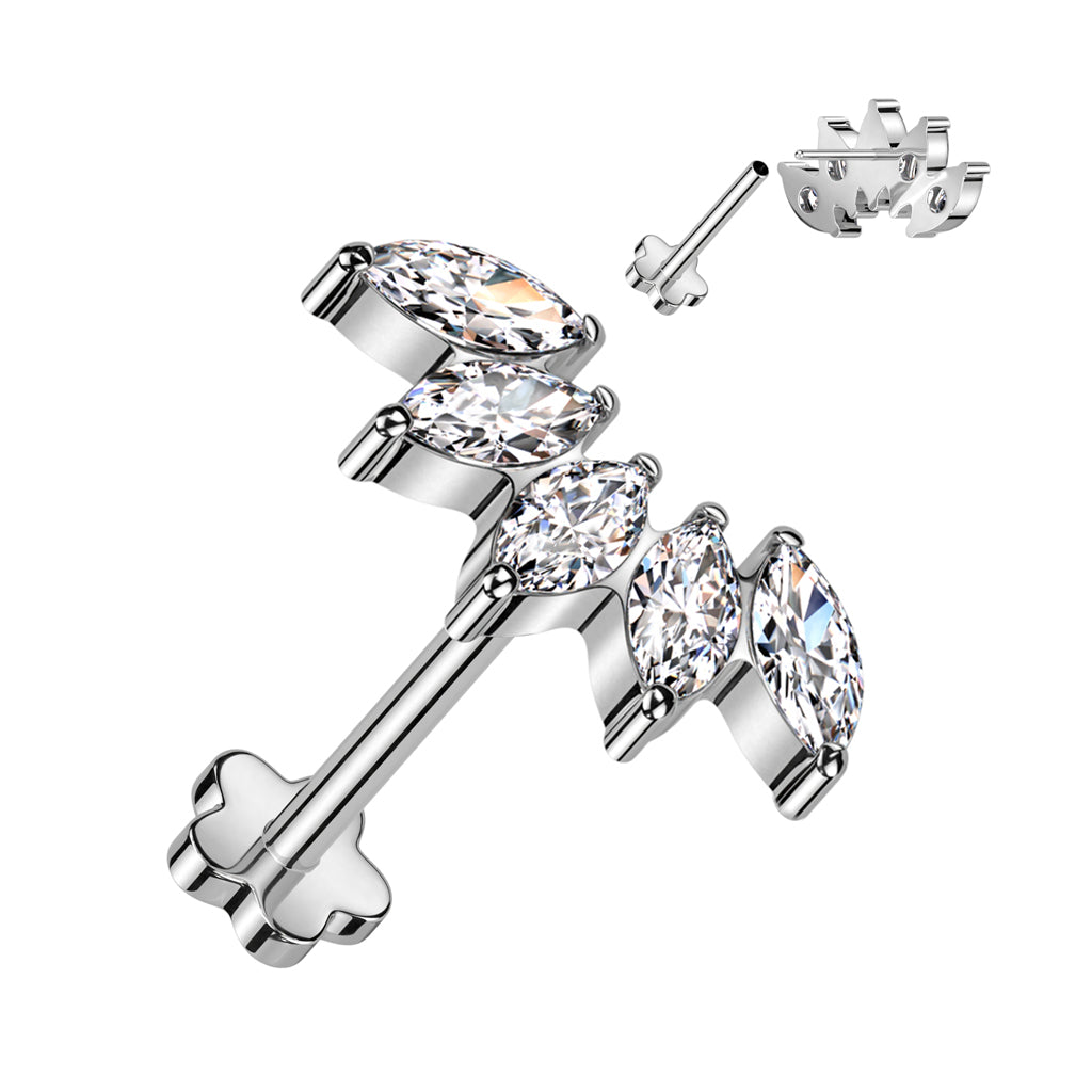 Threadless 18g Flower Base Labret With 5 Marquise CZ Fan Top Flat-Back Labret