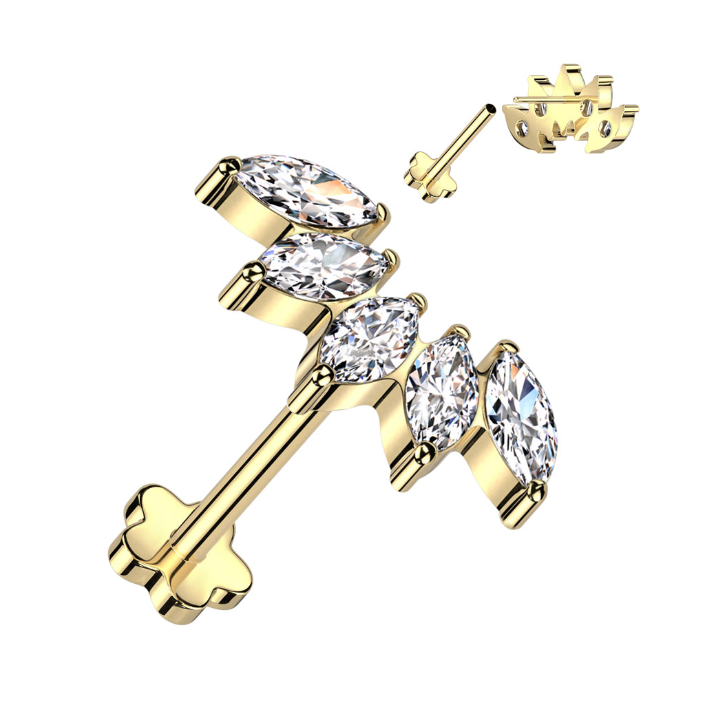 Threadless 18g Flower Base Labret With 5 Marquise CZ Fan Top Flat-Back Labret