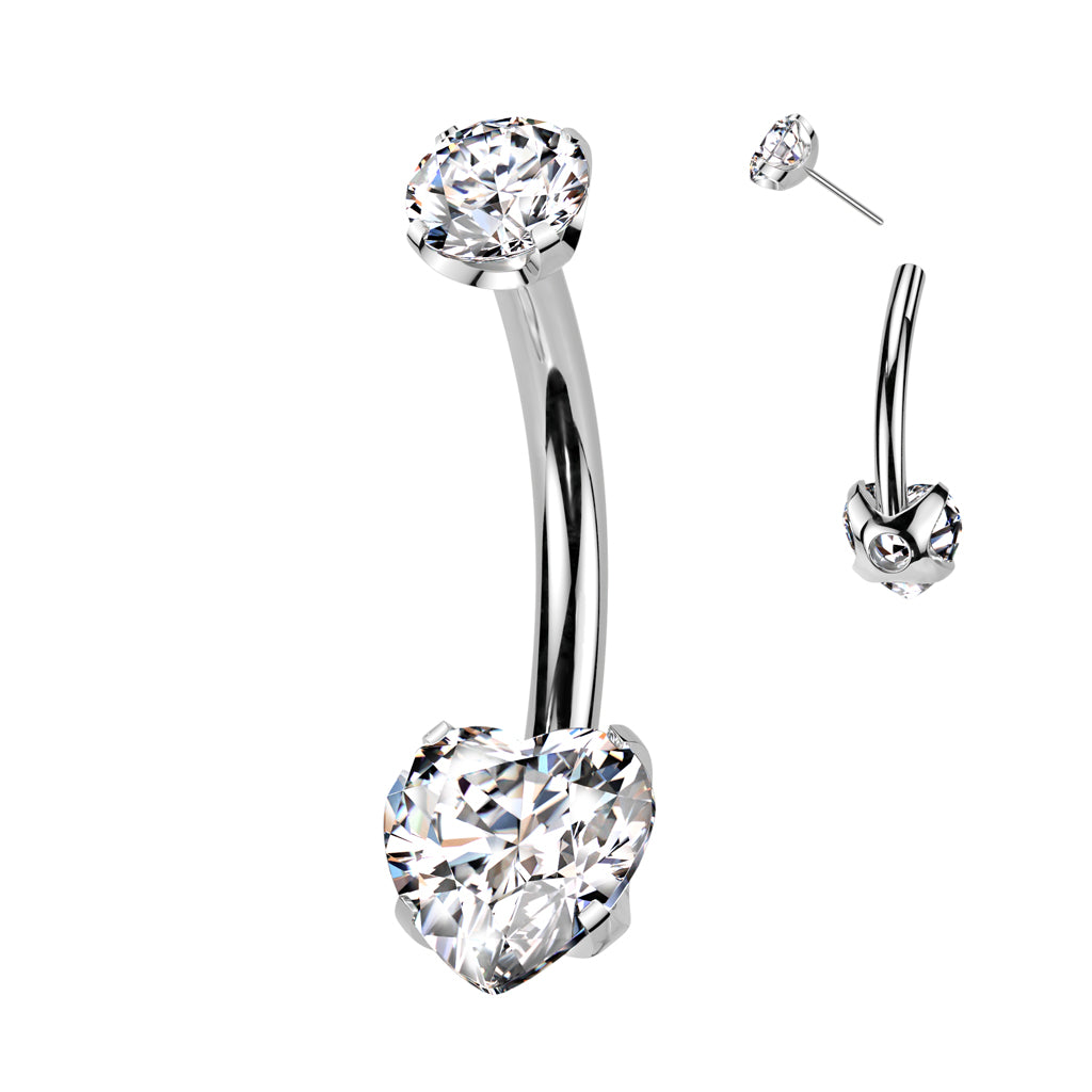 Threadless Navel CZ Heart Prong Set Bottom, CNC Round Claw Set CZ Top