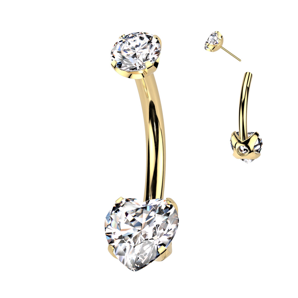 Threadless Navel CZ Heart Prong Set Bottom, CNC Round Claw Set CZ Top