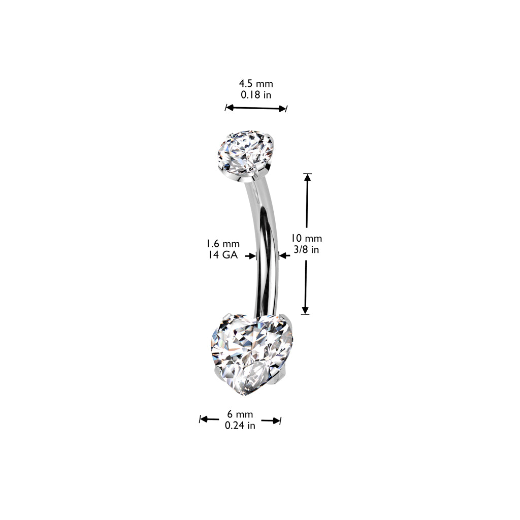 Threadless Navel CZ Heart Prong Set Bottom, CNC Round Claw Set CZ Top