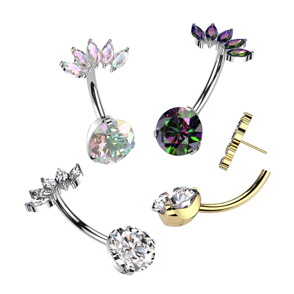 Threadless Prong Set Bottom With 5 Marquise CZ Fan Top Navel Bar