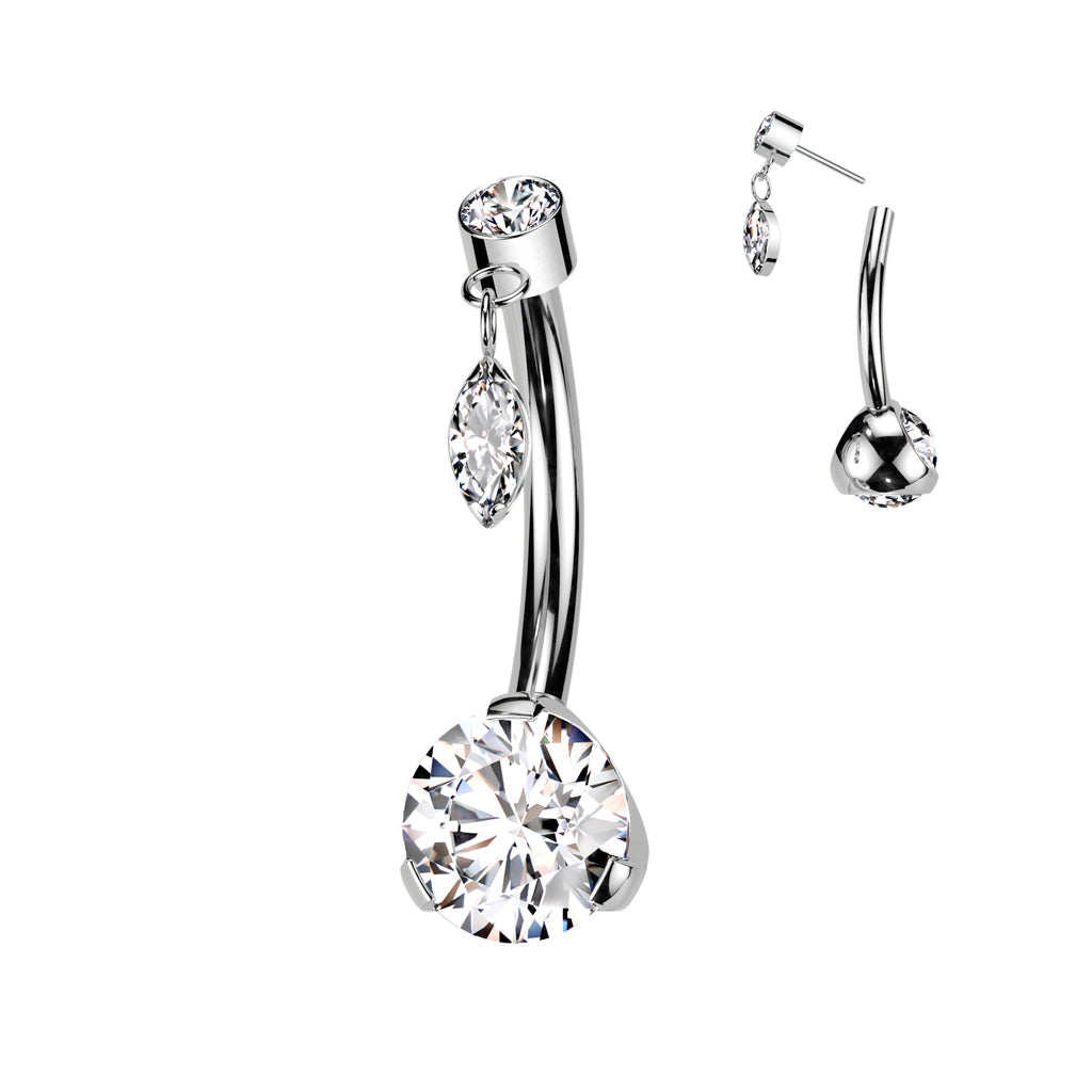 Threadless Navel Prong Set Bottom With Bezel Set CZ and Marquise CZ Dangle Top