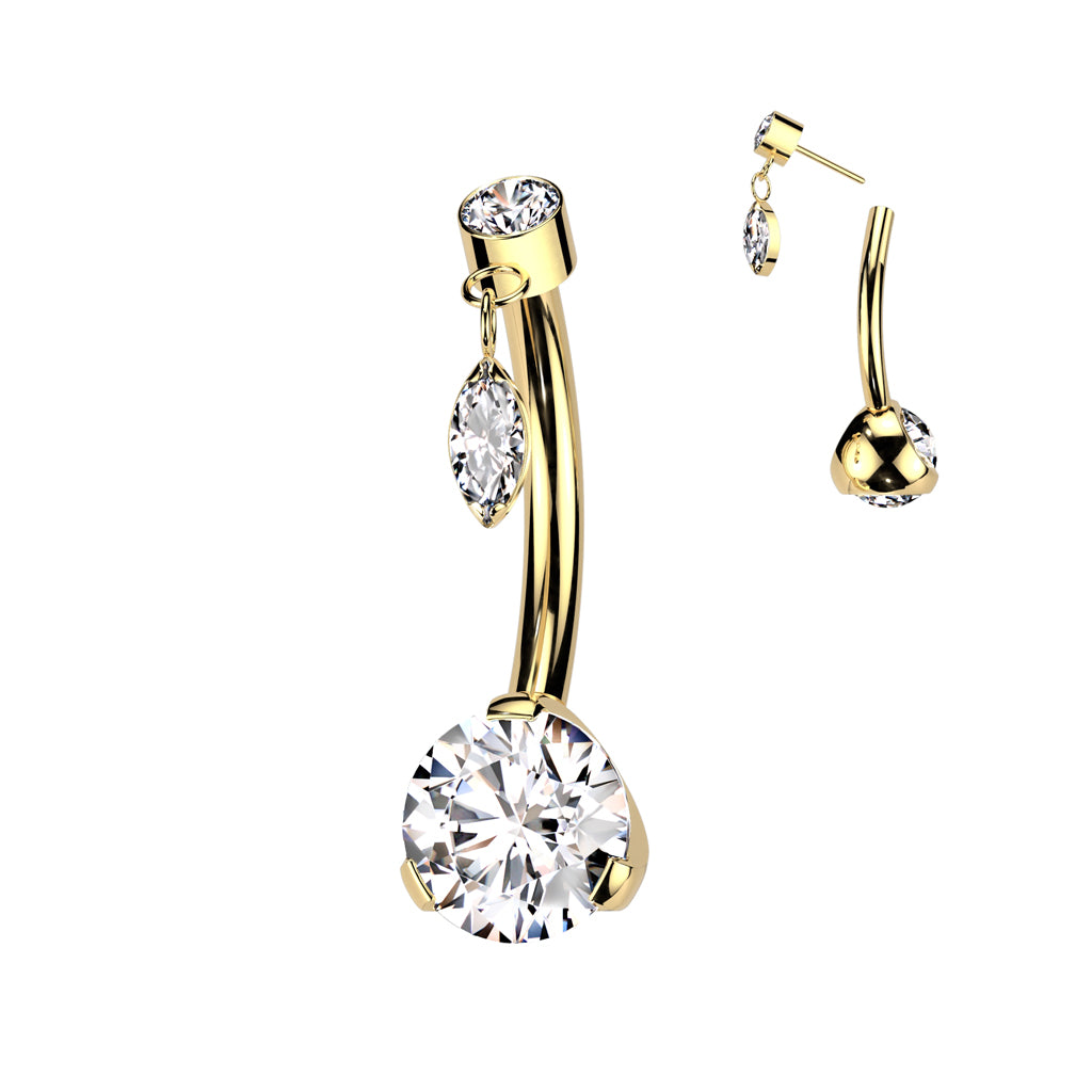 Threadless Navel Prong Set Bottom With Bezel Set CZ and Marquise CZ Dangle Top