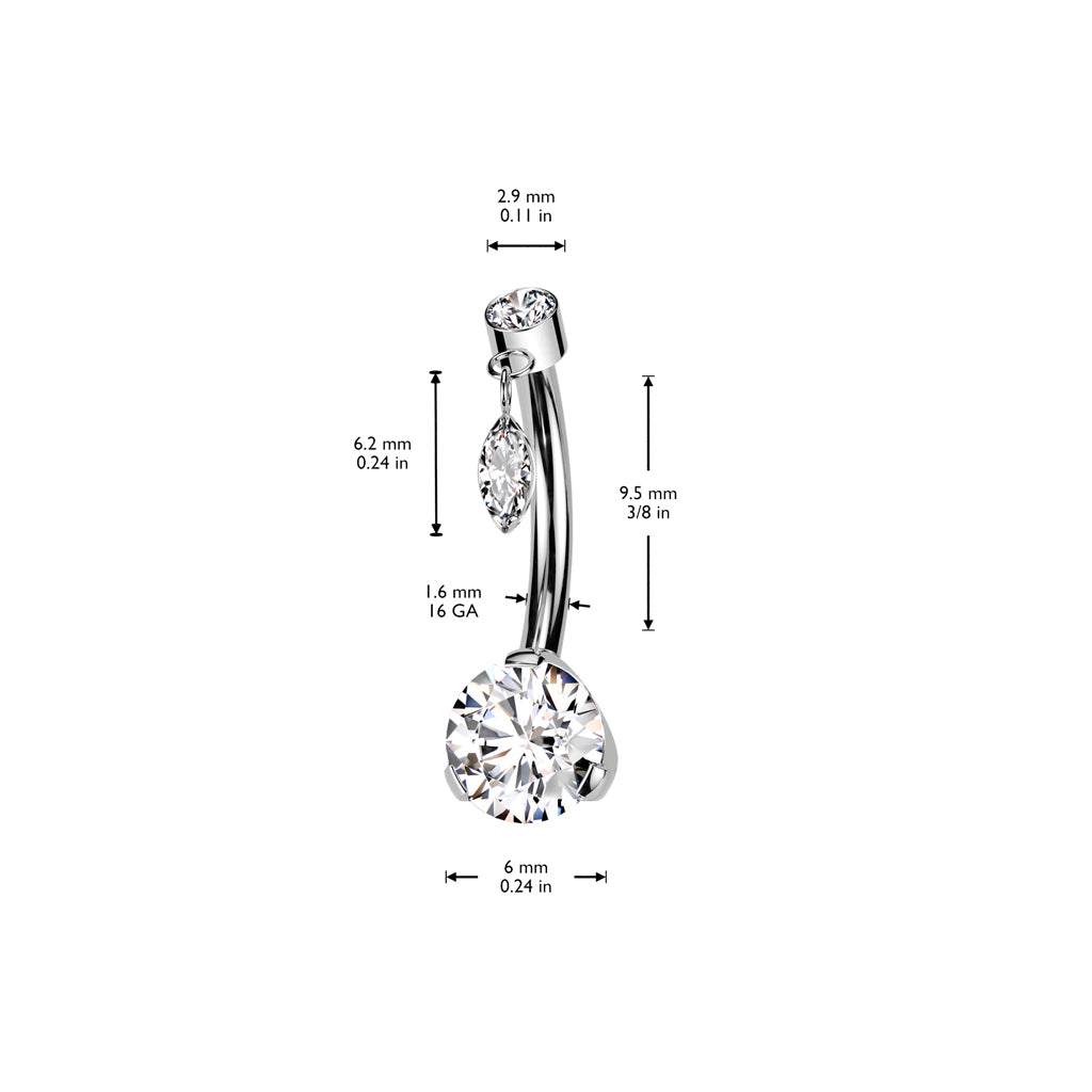 Threadless Navel Prong Set Bottom With Bezel Set CZ and Marquise CZ Dangle Top
