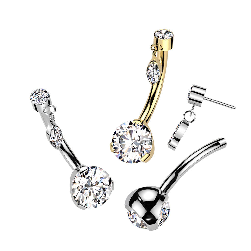 Threadless Navel Prong Set Bottom With Bezel Set CZ and Marquise CZ Dangle Top