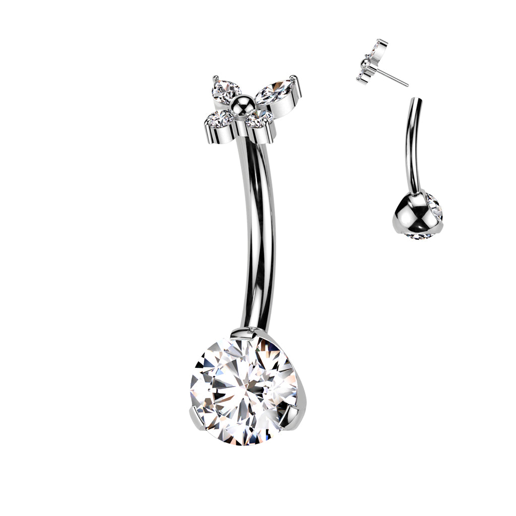 Threadless Navel Prong Set CZ Bottom, CZ Butterfly Top