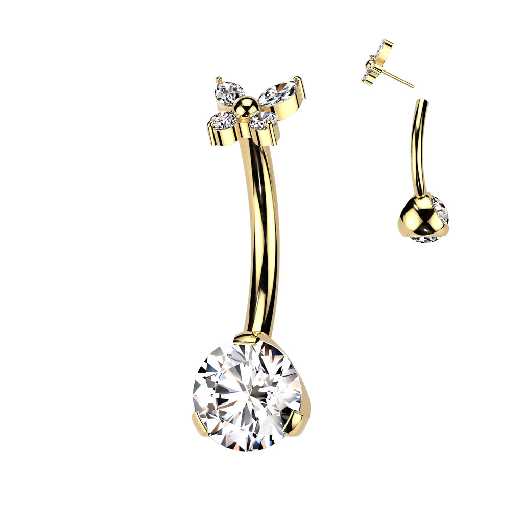 Threadless Navel Prong Set CZ Bottom, CZ Butterfly Top