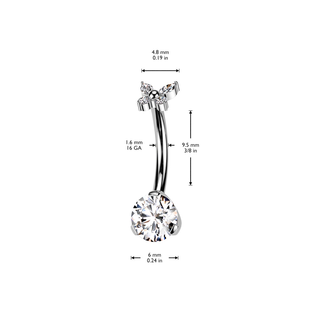 Threadless Navel Prong Set CZ Bottom, CZ Butterfly Top