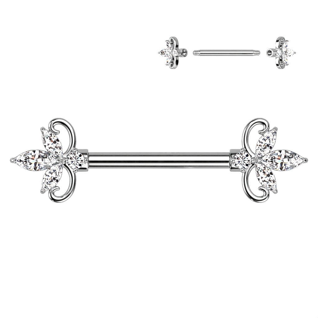 Double Heart 3 Marquise CZ Nipple Barbell