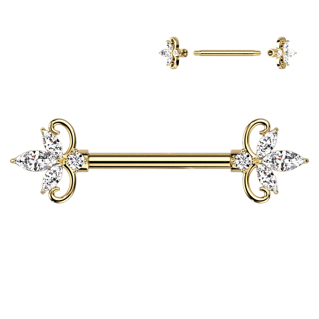 Double Heart 3 Marquise CZ Nipple Barbell