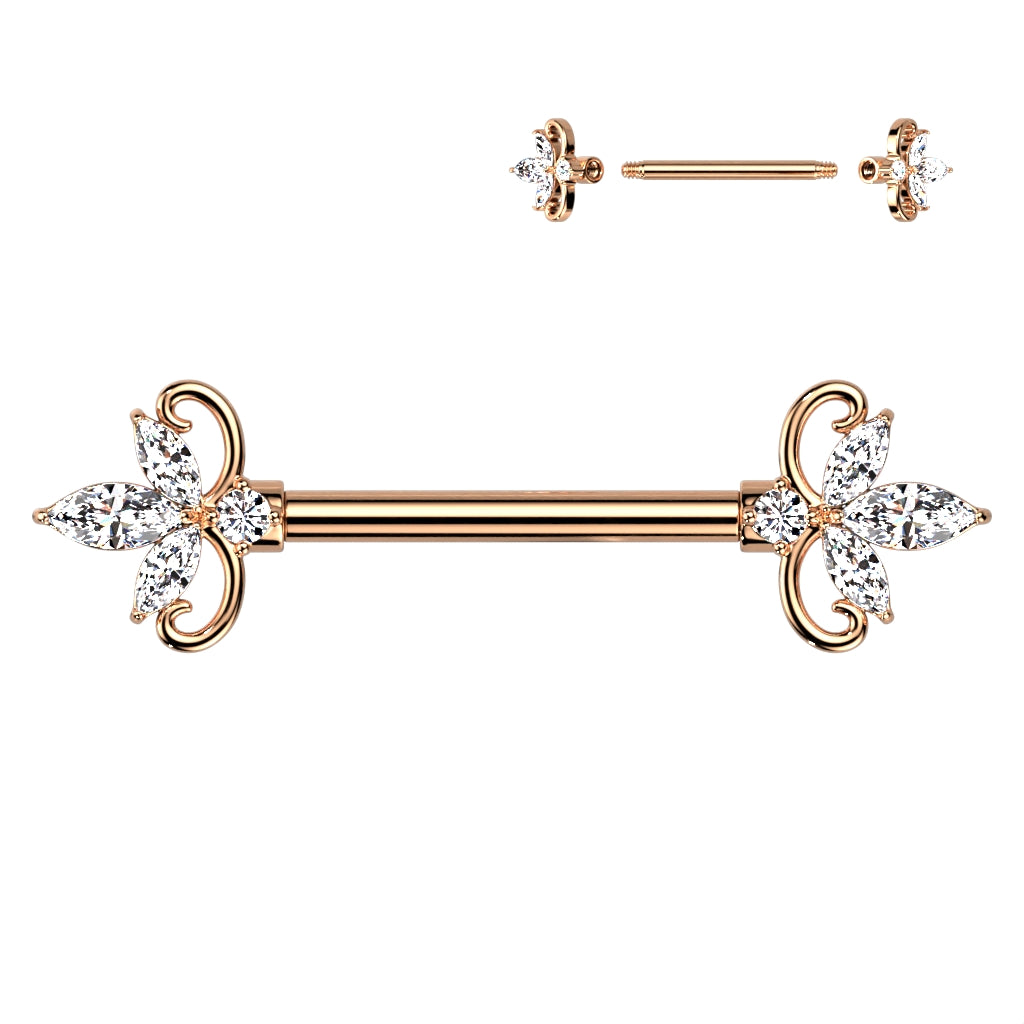 Double Heart 3 Marquise CZ Nipple Barbell