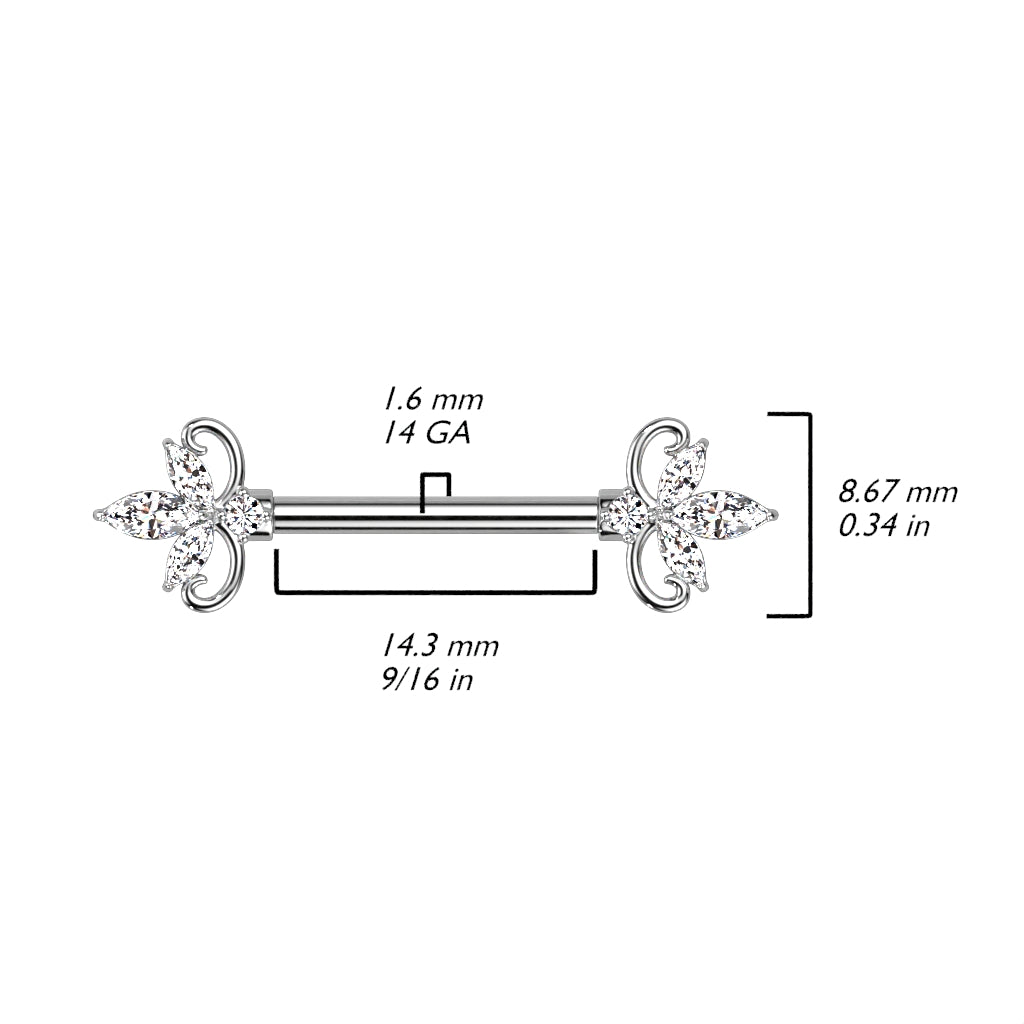 Double Heart 3 Marquise CZ Nipple Barbell