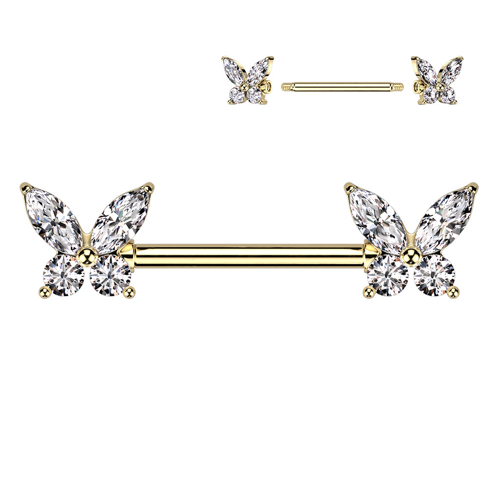 CZ Butterfly Ends Nipple Barbell