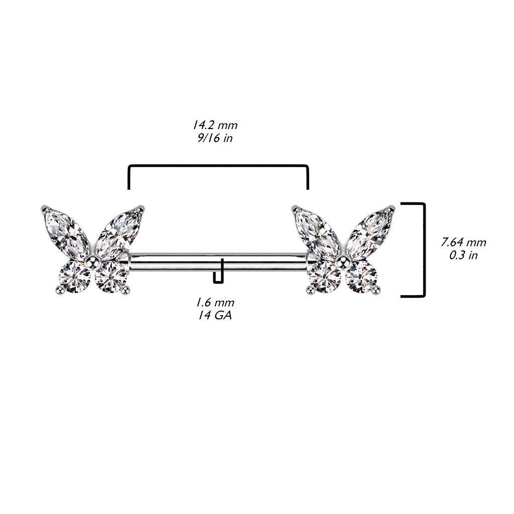 CZ Butterfly Ends Nipple Barbell