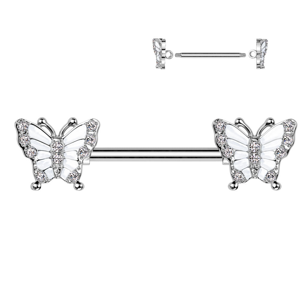 Nipple Barbell With Pave CZ Butterfly Ends
