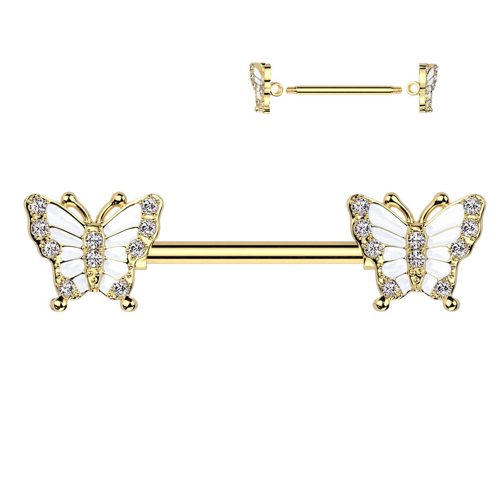 Nipple Barbell With Pave CZ Butterfly Ends