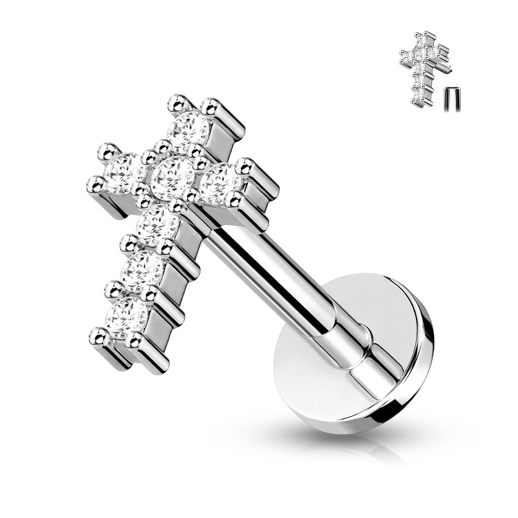 Round CZ Paved Cross Top Flat Back Stud