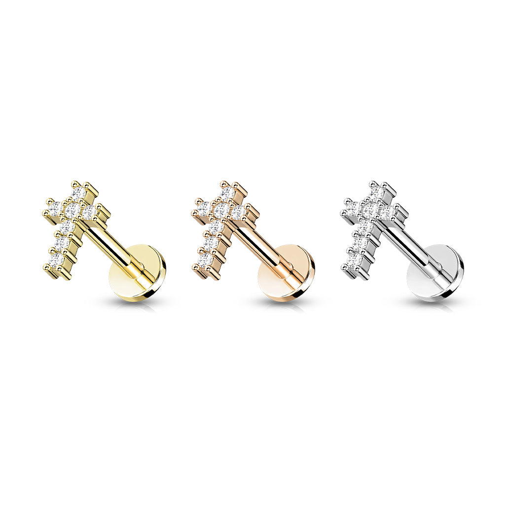 Round CZ Paved Cross Top Flat Back Stud