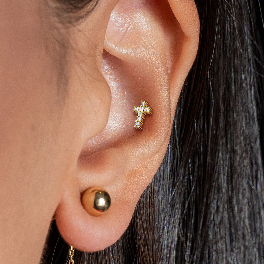 Round CZ Paved Cross Top Flat Back Stud